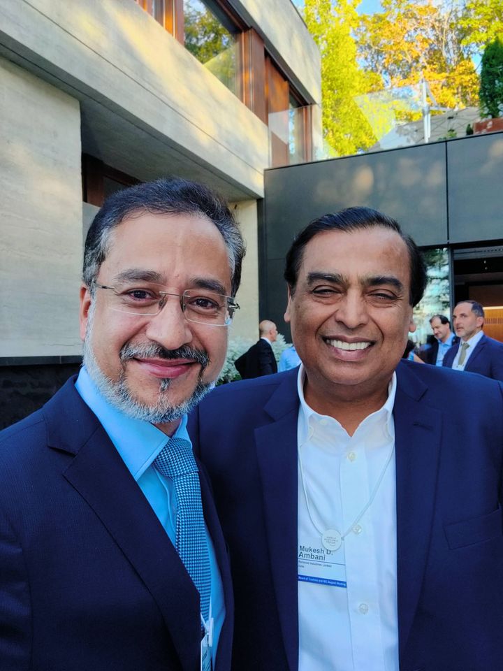 Avinash Kaul with Mukesh Ambani at the World Economic Forum headquarters in Geneva